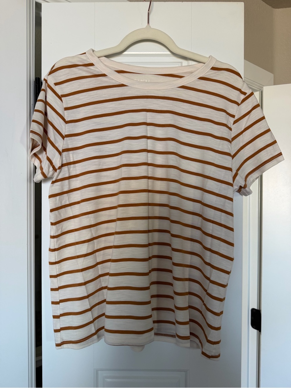 Time and Tru White and Brown Striped Short Sleeve Crewneck Tee
